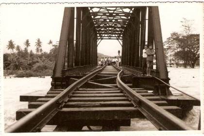 Railway bridge over Kajang River. Notice the bended railway line cause by the floods.