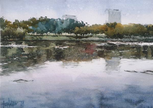 “Reflection (Taman Tasik Cempaka)” (Azmannor, 2020: Watercolor on Khadi paper, 30cm x 42cm)